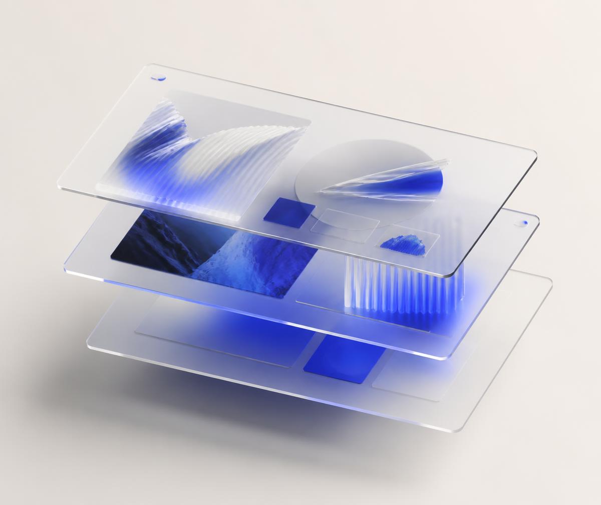 Camadas de páginas de site em vidro com luz azul